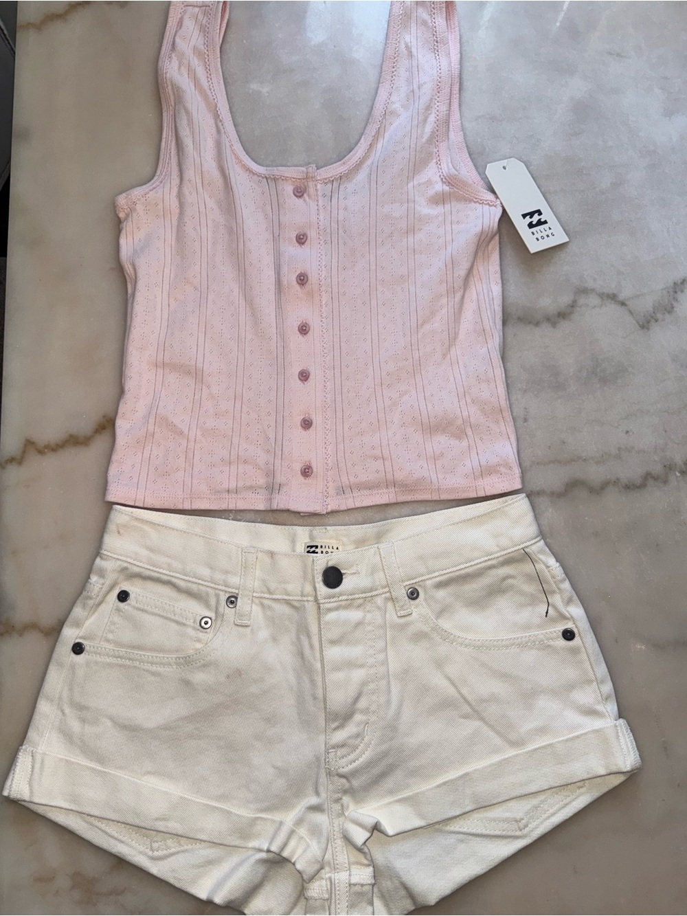 Billabong Pink Ribbed Button Tank & White Cuffed Jean Shorts set